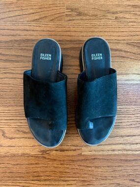 Eileen Fisher Black Tumbled Nubuck Slide Sandals 6.5